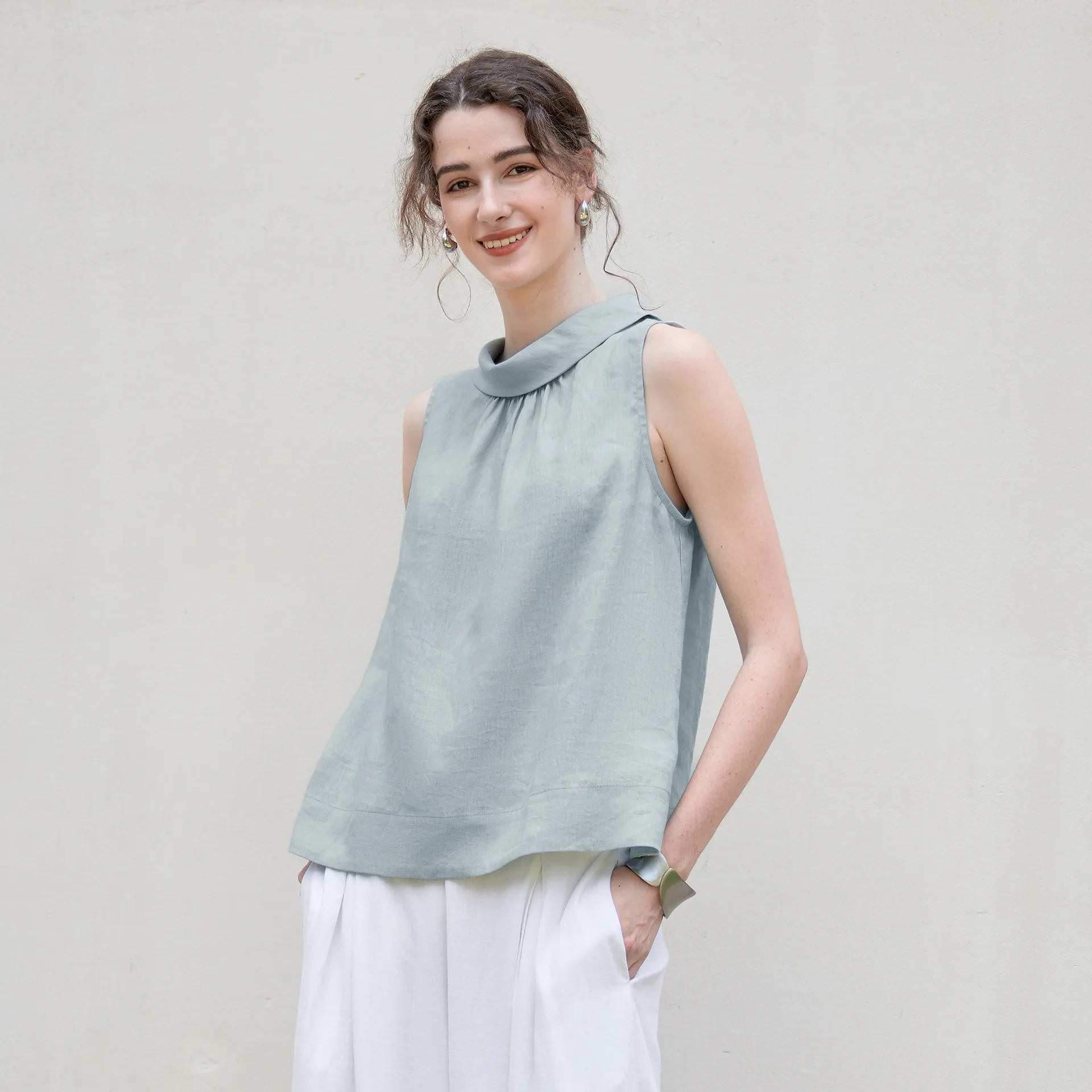 Retro 100% Linen Women Tops Sleeveless Stand Collar Vintage Summer Casual Fashion Streetwear Beach Holiday Chic Female T-shirts
