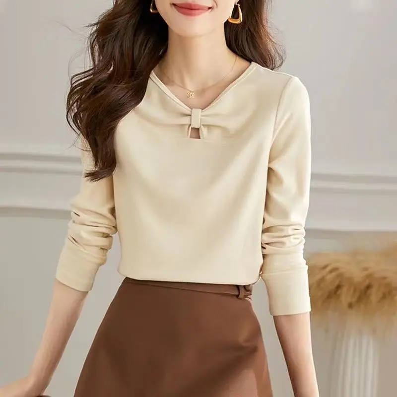 

Elegant Fashion Hollow Out Round Neck Women's T-shirt Autumn Winter Slim All-match Female Long Sleeve Solid Simplicity Tops