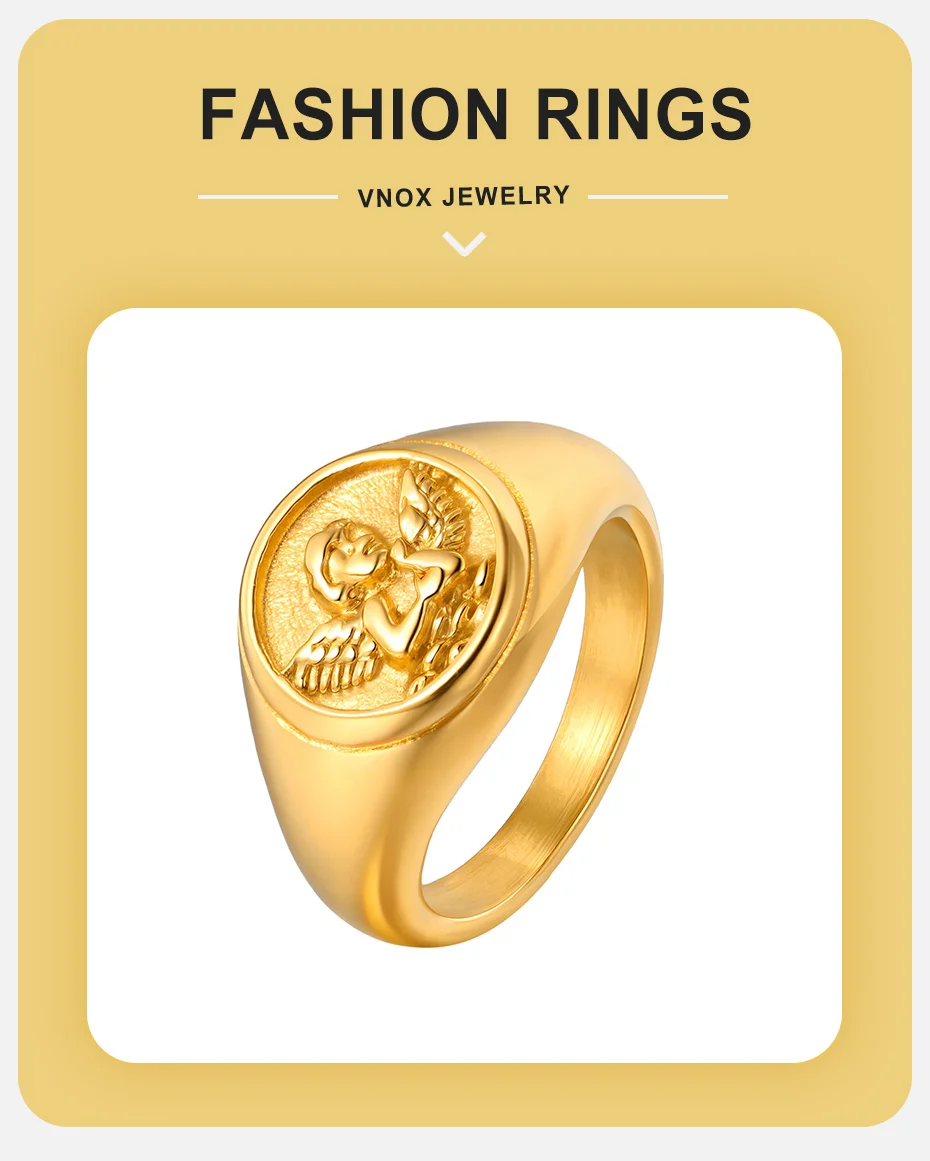 Vnox 18K Vergoldeter Edelstahl Siegelring für Herren und Damen, Vintage 12mm Cherub Amor Engel Wasserdichter Fingerschmuck Geschenk – Detail 2