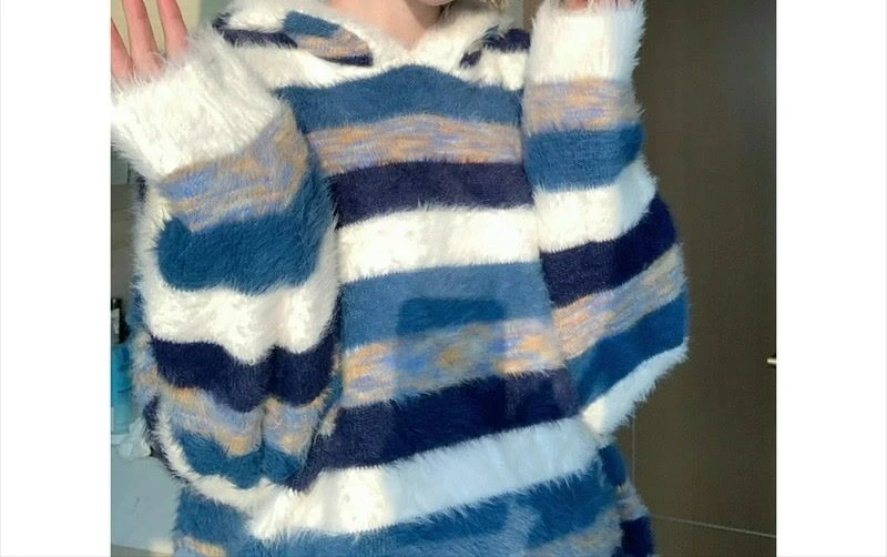

Striped Lazy Style 2025 Autumn Winter Hooded Knit Sweater Loose Fit Blue and White Color Block