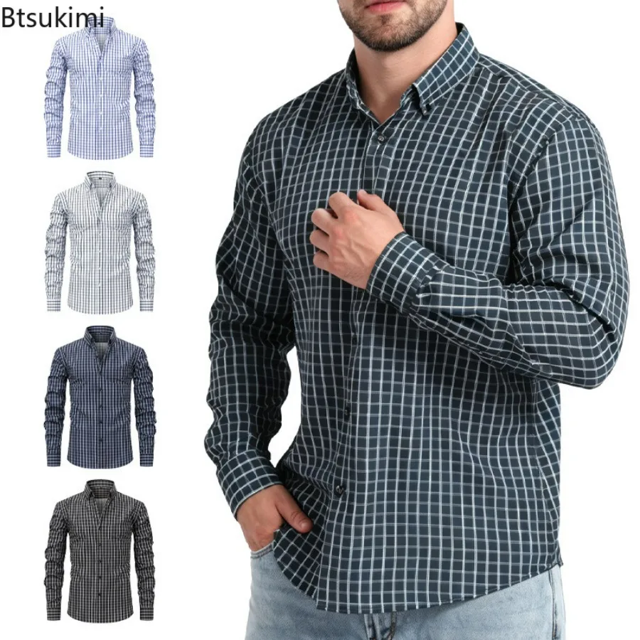 Men's Casual Plaid Pattern Long Sleeve Shirt Stand Collar Digital Printing Advanced Sensation Fashion Four Sided Elastic Tops