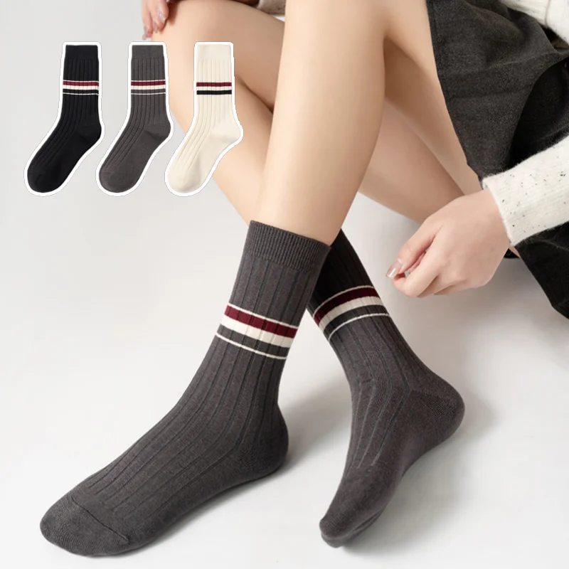 1/3 Paar gestreifte Crew-Socken für Damen, Preppy-Stil, Baumwolle, mittelhohe Socken, einfache, niedliche Sportsocken, vielseitig einsetzbar, für alle Jahreszeiten, EU 36–43