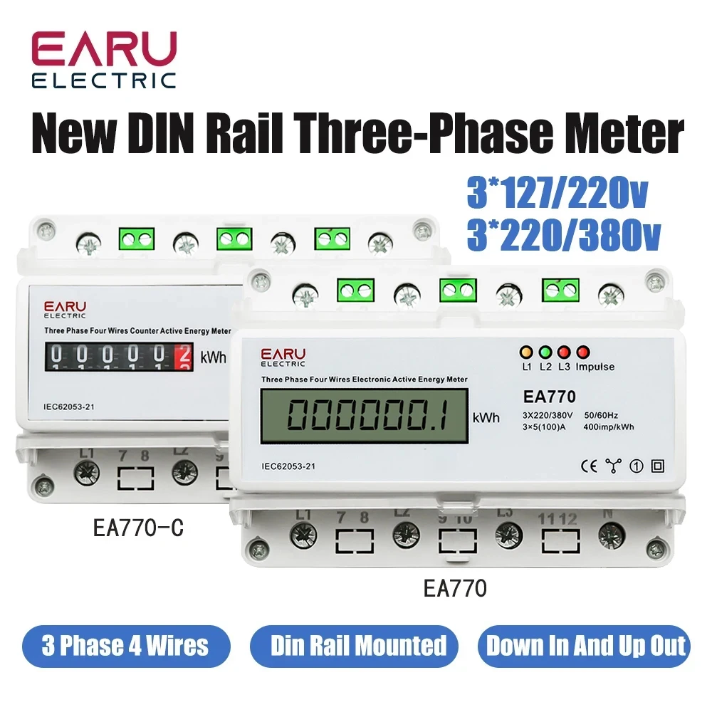 Medidor de Energia Ativa Eelectronic Trifásico Fios Monitor de Consumo de Energia Kwh Trilho Din 50hz 60hz 3*5100a 50 60hz Led Lcd