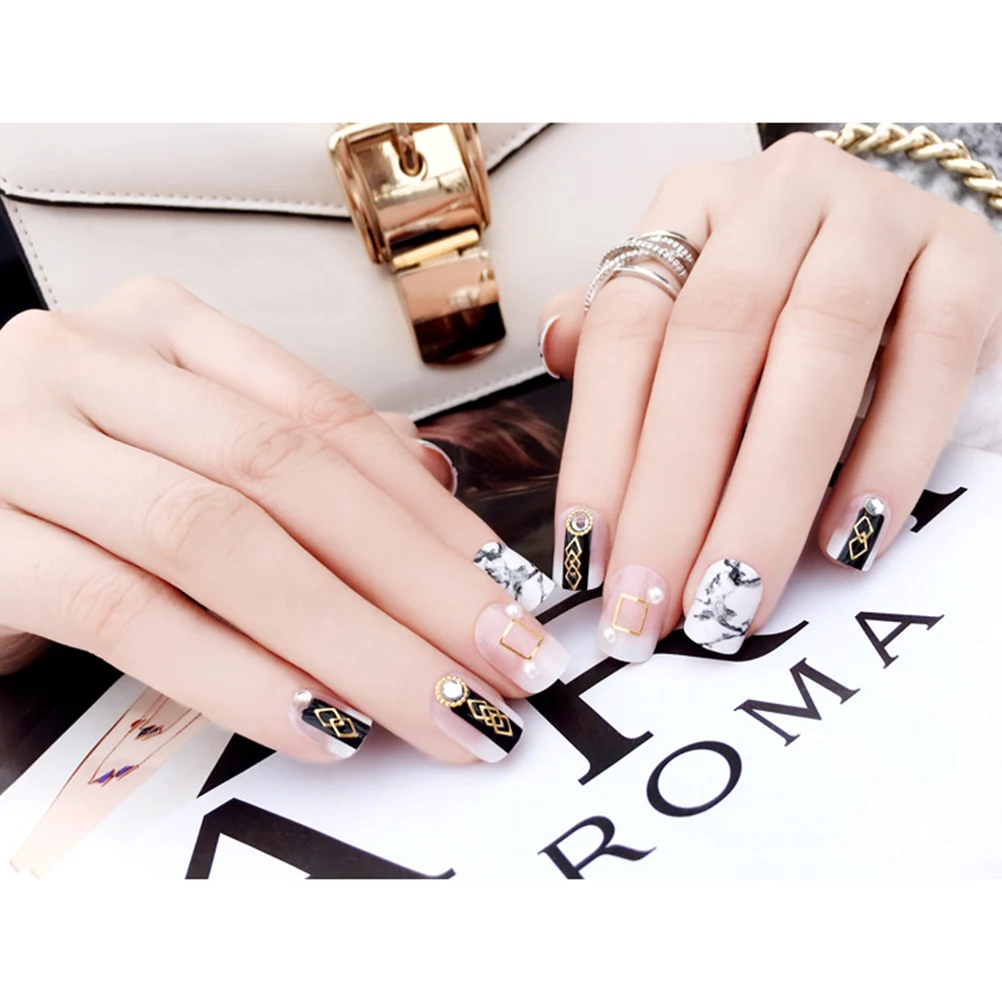 

Pcs Fashion False Nails Elegant Manicure Full Cover Medium Length Fake Nails Marble Prints Black Nail Tips with Artificial Diamo