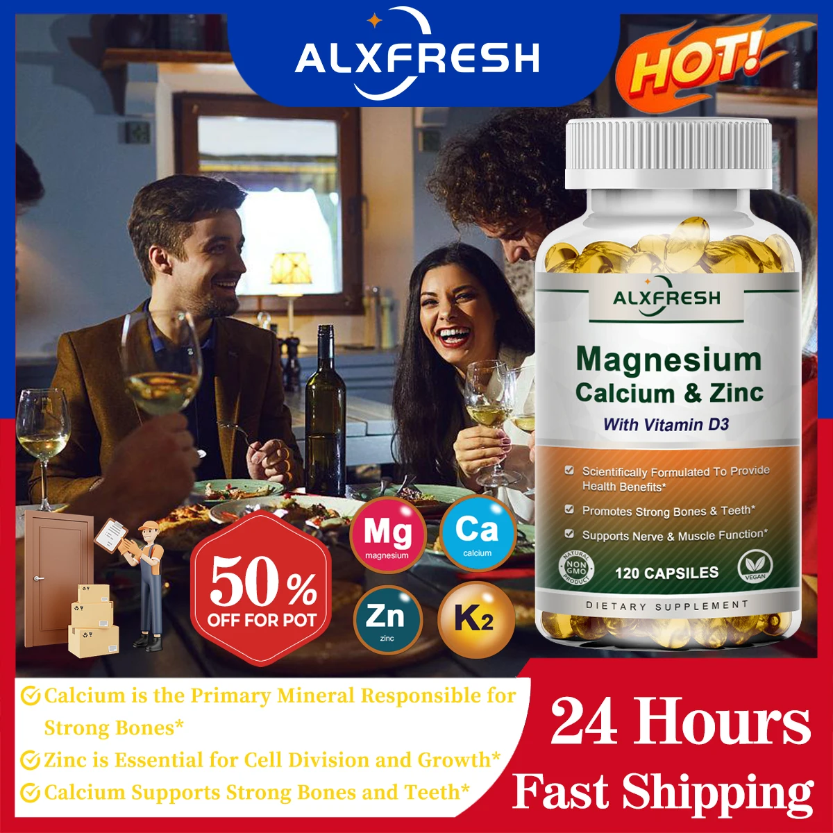

Alxfresh Calcium Magnesium Zinc D3 Supplement Support Immune & Supporting Bone Strength, Joint Health Vitamins Capsules
