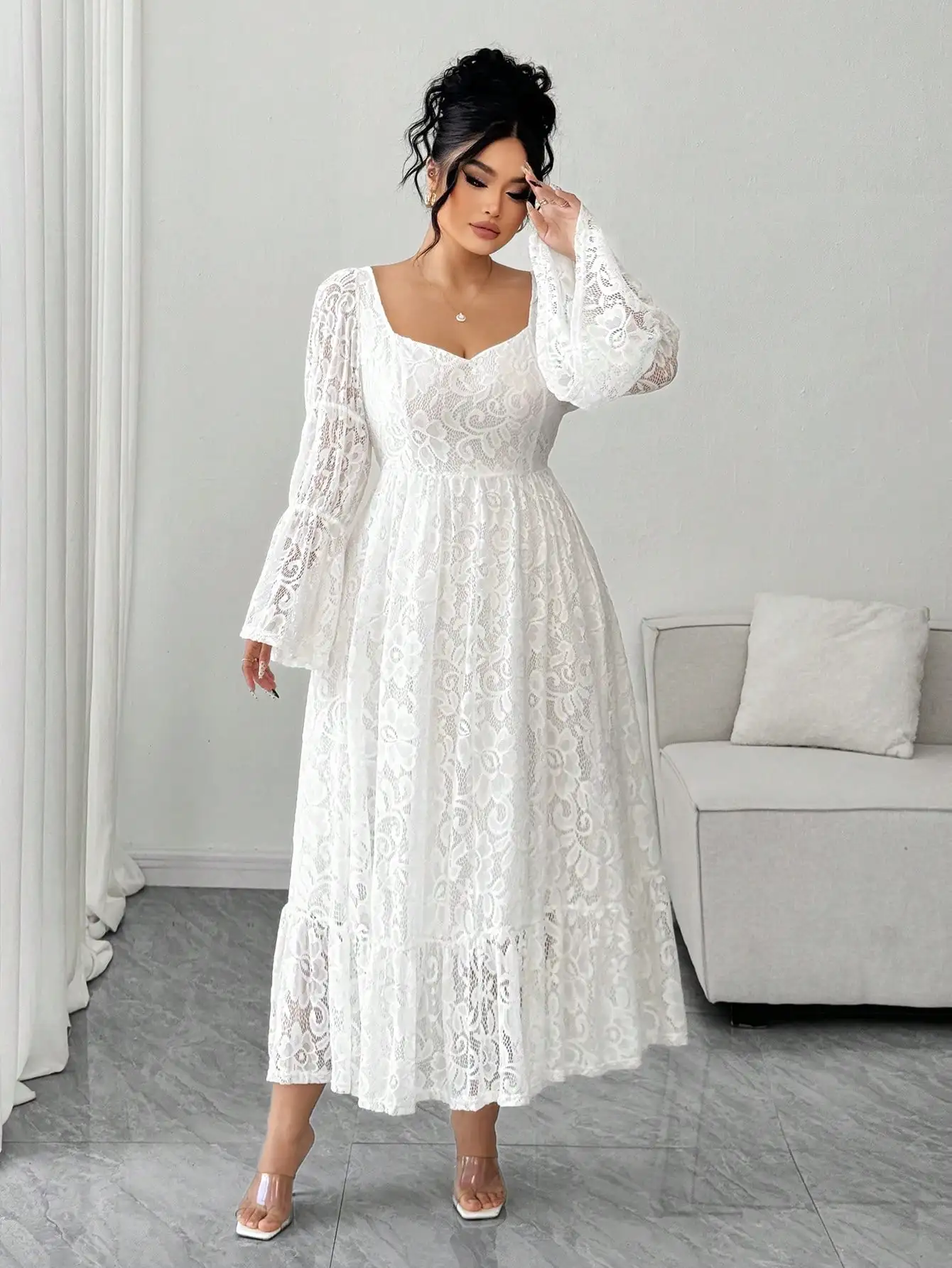 

Элегантное женское платье миди больших размеров с кружевным квадратным вырезом и расклешенными рукавами для свиданий и свадеб