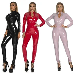 Women Sexy Shiny PU Faux Leather Jumpsuit Long Sleeve Zipper Open Crotch Catsuit Nightclub PVC Latex Wet Look Bodysuit S-5XL