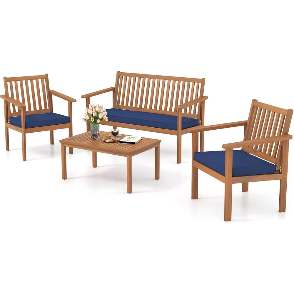 4-Piece Acacia Patio Furniture Set with Loveseat, 2 Chairs, Coffee Table, and Navy Seat Cushions for Outdoor, Porch, Yard, or Ba