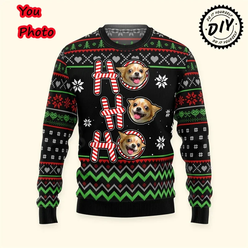 3D Print Photos Ugly Christmas Men and Women Sweater Personalized Pet Cat Dog Photo Sweatshirt Custom Face Family Pullover