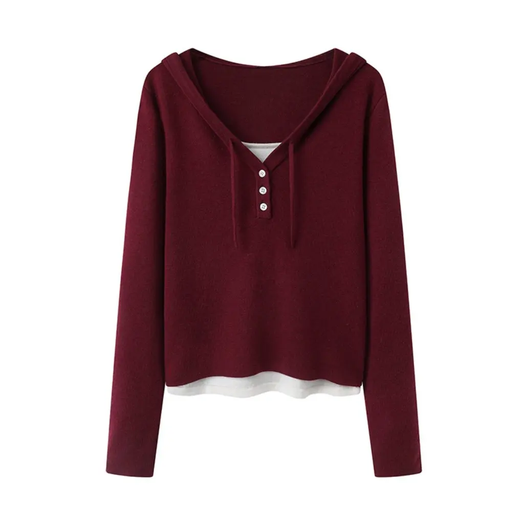 

Korean Women's Hooded Fake Two-Piece Sweater 35ZZ-2257 Spring Fresh Small Pullover Wholesale Fashion Top