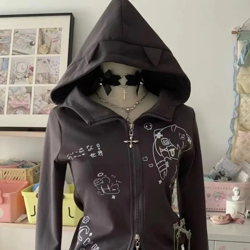 Deeptown y2k kawaii dos desenhos animados hoodies feminino orelha de gato retalhos harajuku zip up moda japonesa moletom fino manga longa gyaru