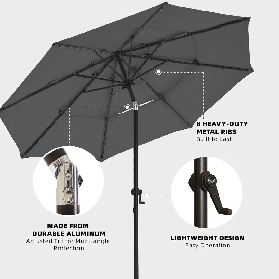 Parasol de patio à 3 niveaux de 9 pieds avec base robuste incluse pour une utilisation extérieure, tissu polyester résistant à la décoloration et imperméable avec 8 pièces