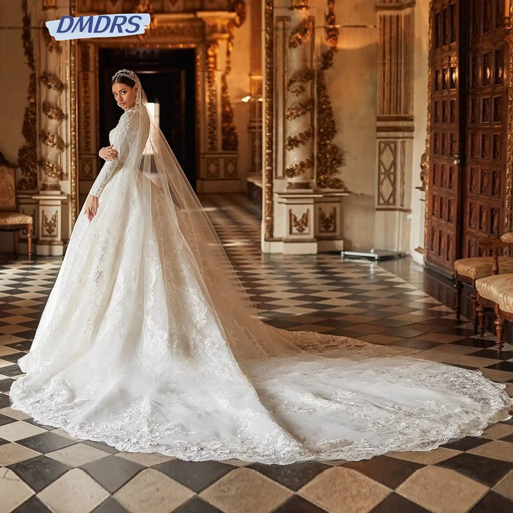 Elegante vestido De Novia De manga larga, traje romántico De cuello redondo, longitud hasta el suelo, línea A, 2024