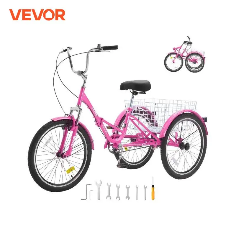 VEVOR 26inch Folding Adult Tricycle Carbon Steel 3 Wheel Cruiser Bike with Large Basket & Adjustable Seat for Women Men Pink