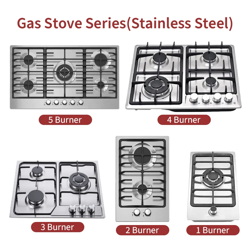 Manufacture Competitive Price Industrial 5 Burner Gas Cooker SS Panel Fashion Design Built-in Gas Stove