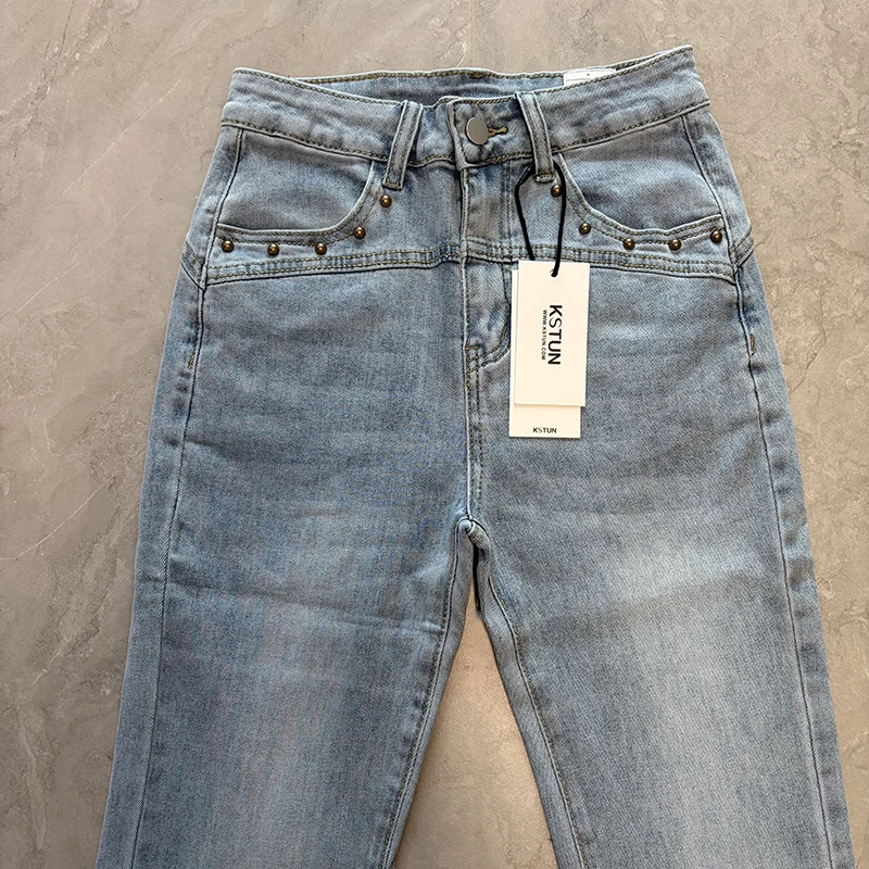 

2026 New Slim Skinny Bell-Bottom Jeans For Women High-waisted Flared Pants Light Blue Stretch Patchwork Rivets Design Chic Jeans