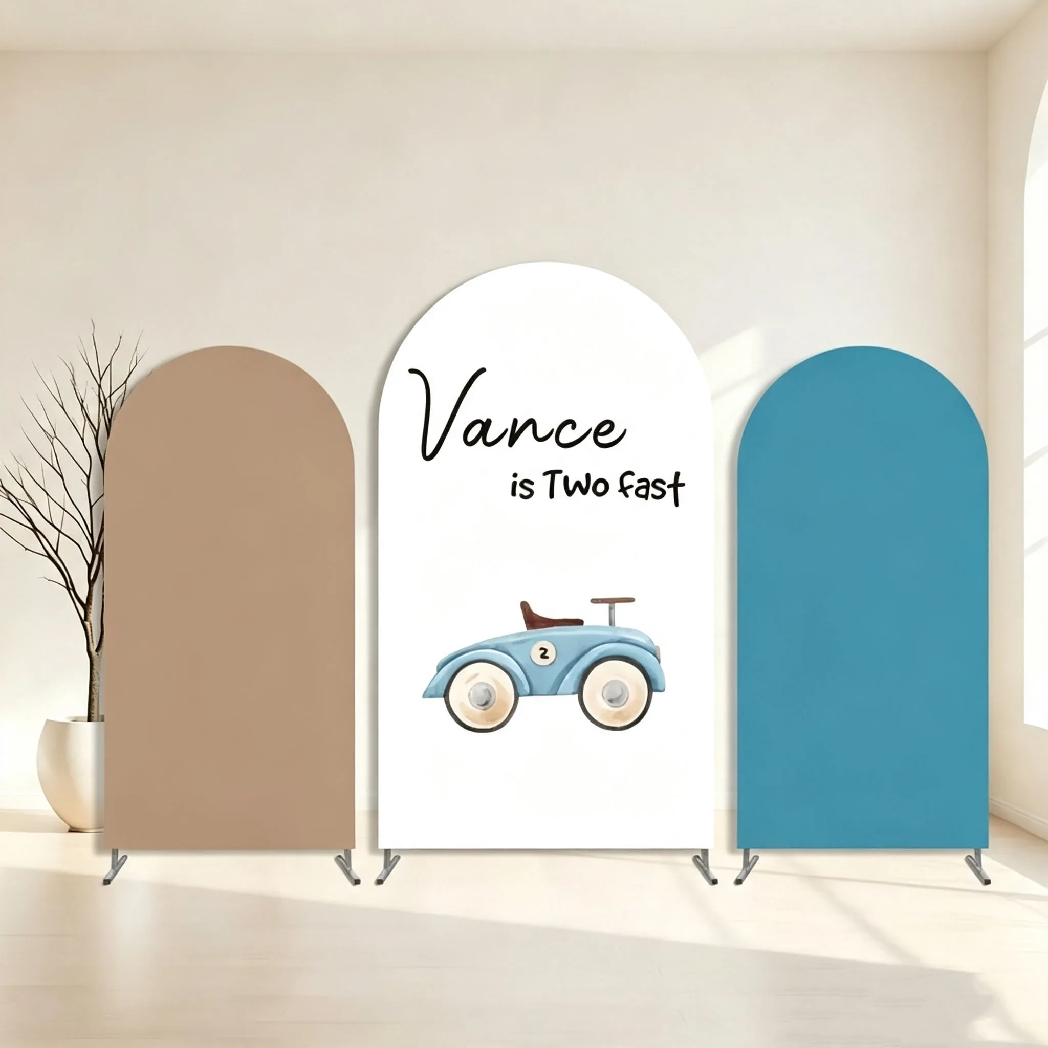 Custom Double-Sided Two Fast Racing Car Baby Shower Arch Backdrop Cover Solid Color Birthday Party Photobooth Background
