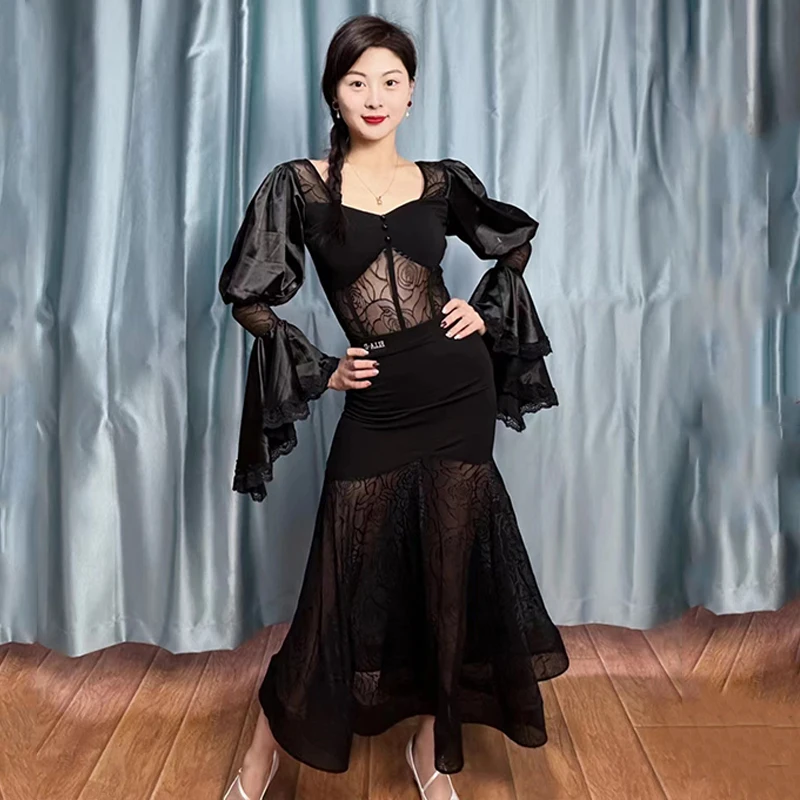 2024 Ballroom Dance Dress Women Puff Sleeves Black White Lace Tops Skirt Prom Waltz Dance Clothes Performance Costume BL12274