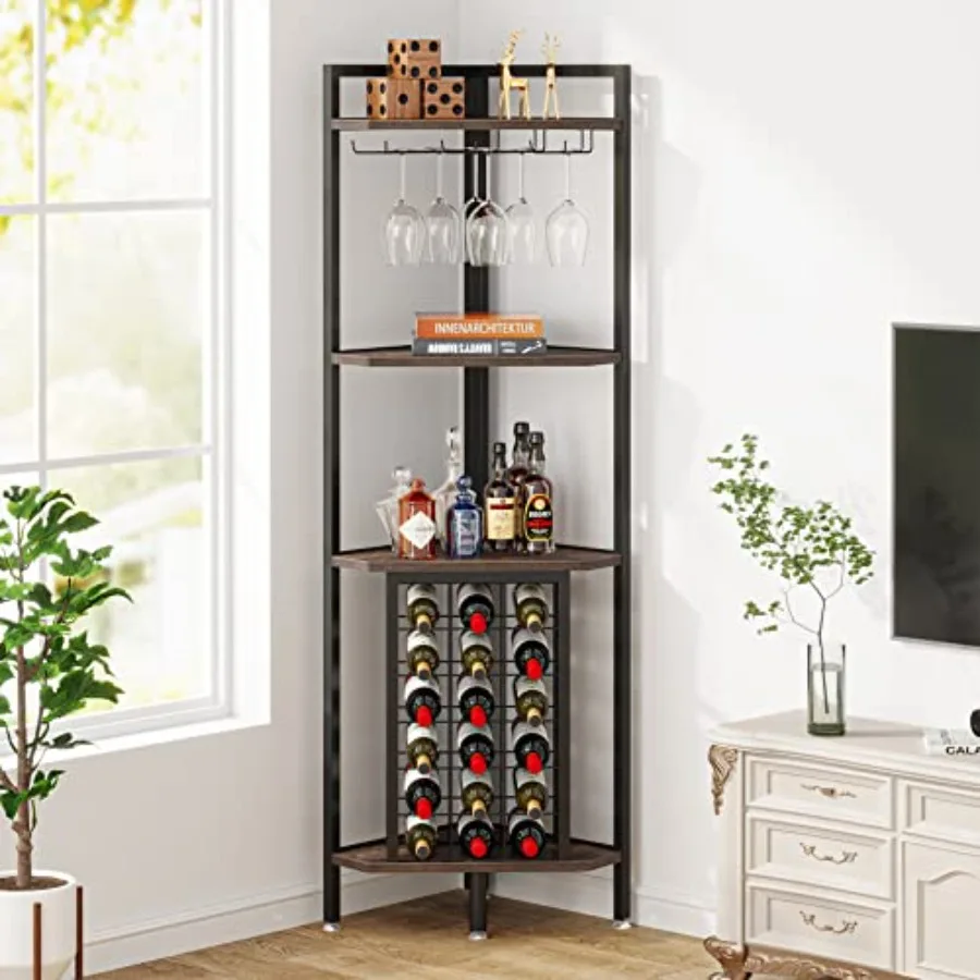 Corner Wine Rack with Glass Holder and Storage Shelves, 4 Tier Corner Bar Corner Wine Cabinet, Industrial Corner Wine Shelf for