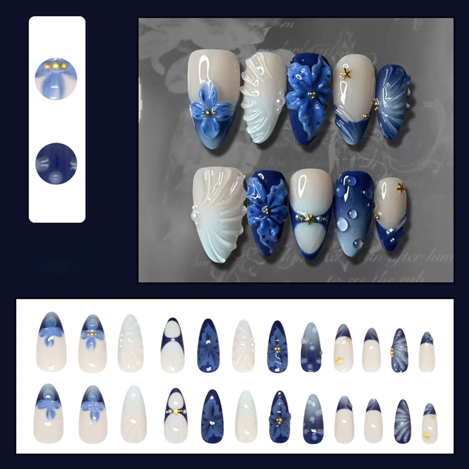 Reusable Press On Nails Blue Lily Bubble Stripe Faux Pearl 3D Textured Resin Tips for Wedding Party Daily Wear Elegant