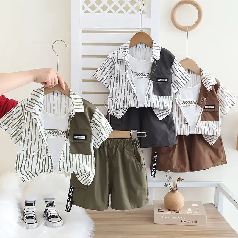 

Summer Children Baby Suit 1 To 5 Years Designer Clothes for Kids Letter Print Turn-down Collar Shirts+Vest+Shorts Boys Tracksuit