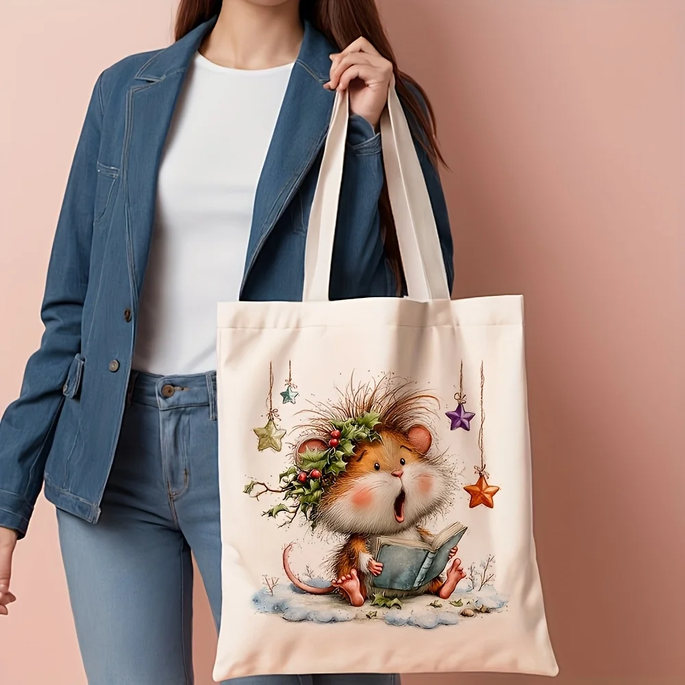 1pc, Double-sided Print, Cute Hamster Reading Book Christmas Tote Bag, Holly Star Winter Print Shoulder Bag, Animal Lover Holida