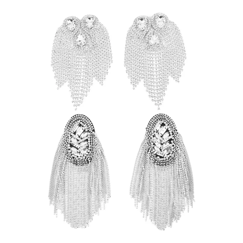 

ICON-4 Pieces Fringe Shoulder Jewelry Rhinestone Plate Epaulets Clothing Decor Silver