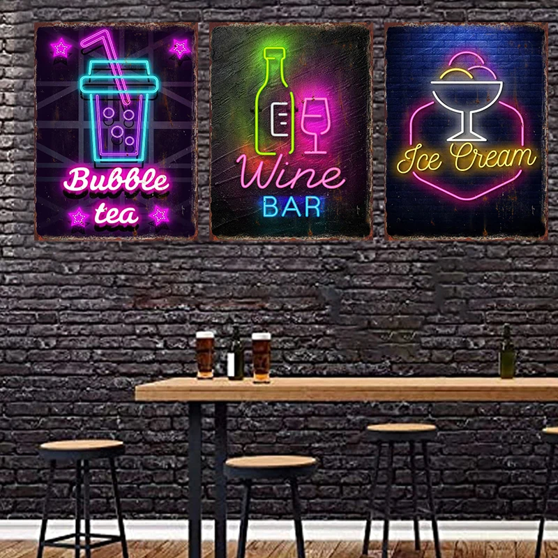 Neon Beer Metal Tin Label Food Poster Cafe Iron Plate Mural Bar Club Red Wine Cocktail Wall Decoration Restaurant Popcorn Plaque