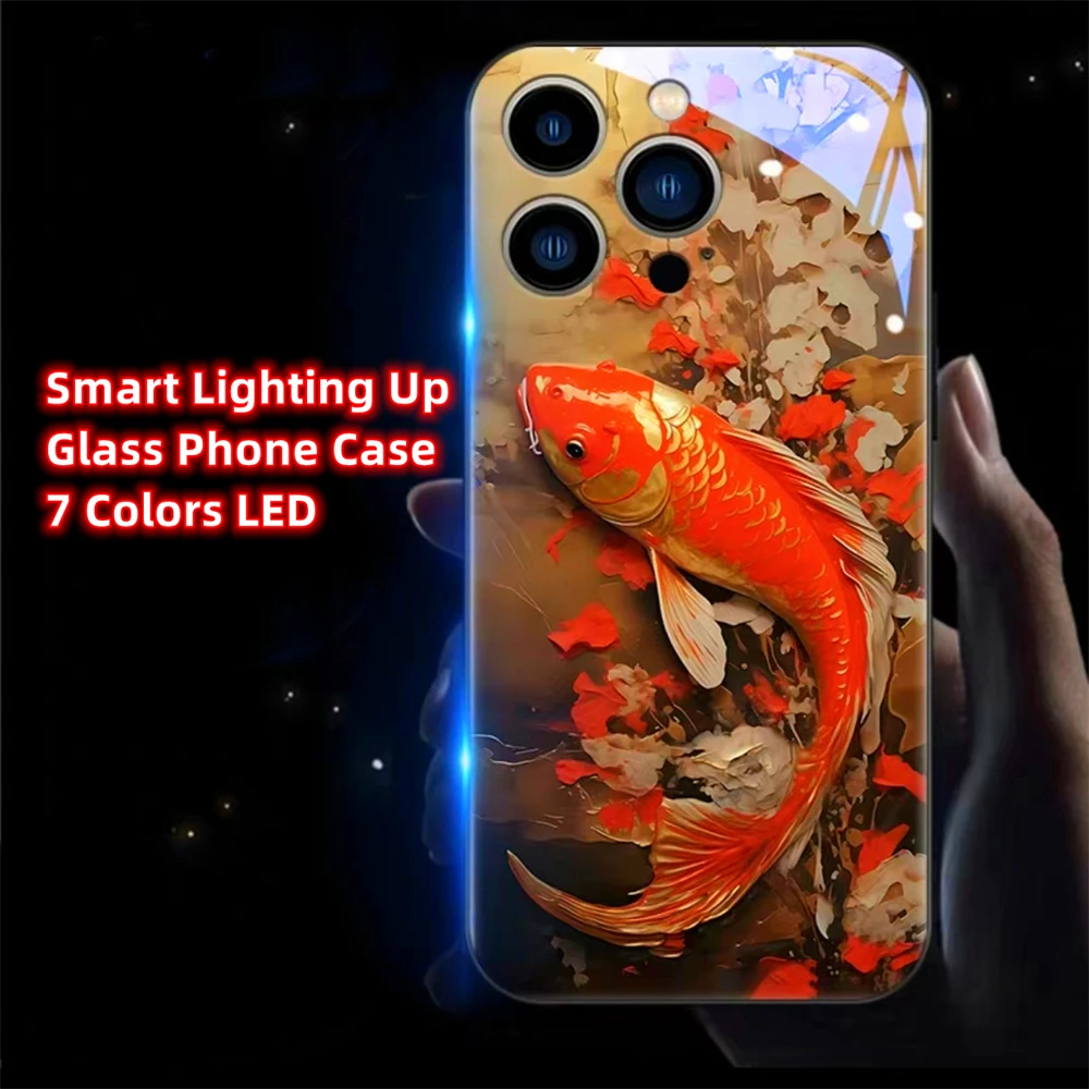 

Fiery Red Koi Carp LED Light Glowing Luminous Tempered Phone Case For Samsung S24 S23 S22 S21 S20 FE Note 10 20 Plus Ultra