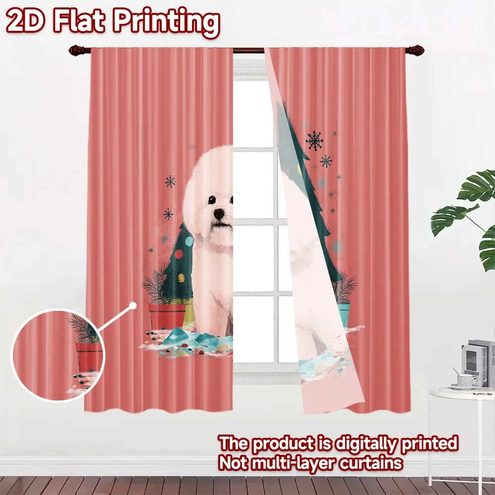 2D flat printing 2pcs Curtain Bichon Dog Christmas Tree Digital Printed Polyester Drapes Festive Wall Decor Use for Photo Booths