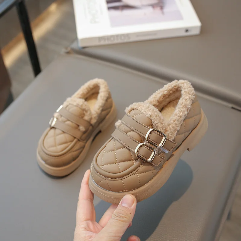 Children's Velvet Cotton Shoes 2024 Winter New Baby Girl Leather Warm Anti-slip Cotton Shoes Thickened Girls' Leather Shoes