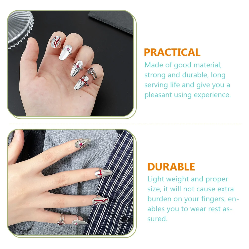 

1 set Red Nail Ring Fake Rings Nails Attached Finger Jewels Pointed Women Zinc Alloy Durable Jewelry Gift Idea Nail Tip Ring Set