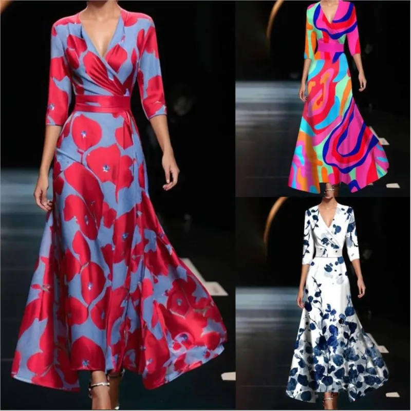 Summer Sexy V-neck Half Sleeve Party Dress Elegant Temperament Print Wasit Boho Dress Women Fashion Slim Fit Draped Long Dresses