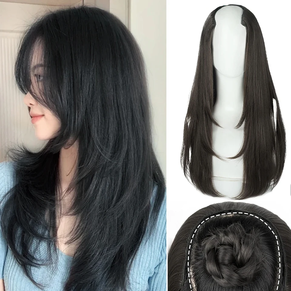 Synthetic Long Straight U-Shaped Arrangement Half Head Wig for Women Black Brown Clips in Hair Extension Natural Fake Hairpieces