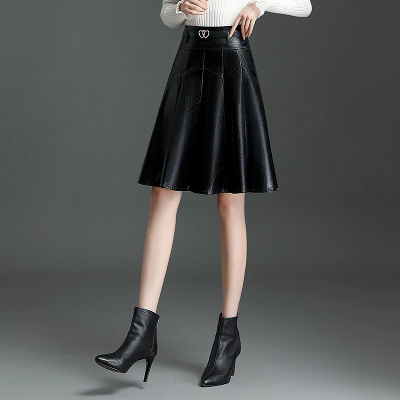 ZUZK Women New PU Leather Skirt New Fall Winter High Waist Simple Elegant Short Bodycon Pleated Skirt Boot skirt Black