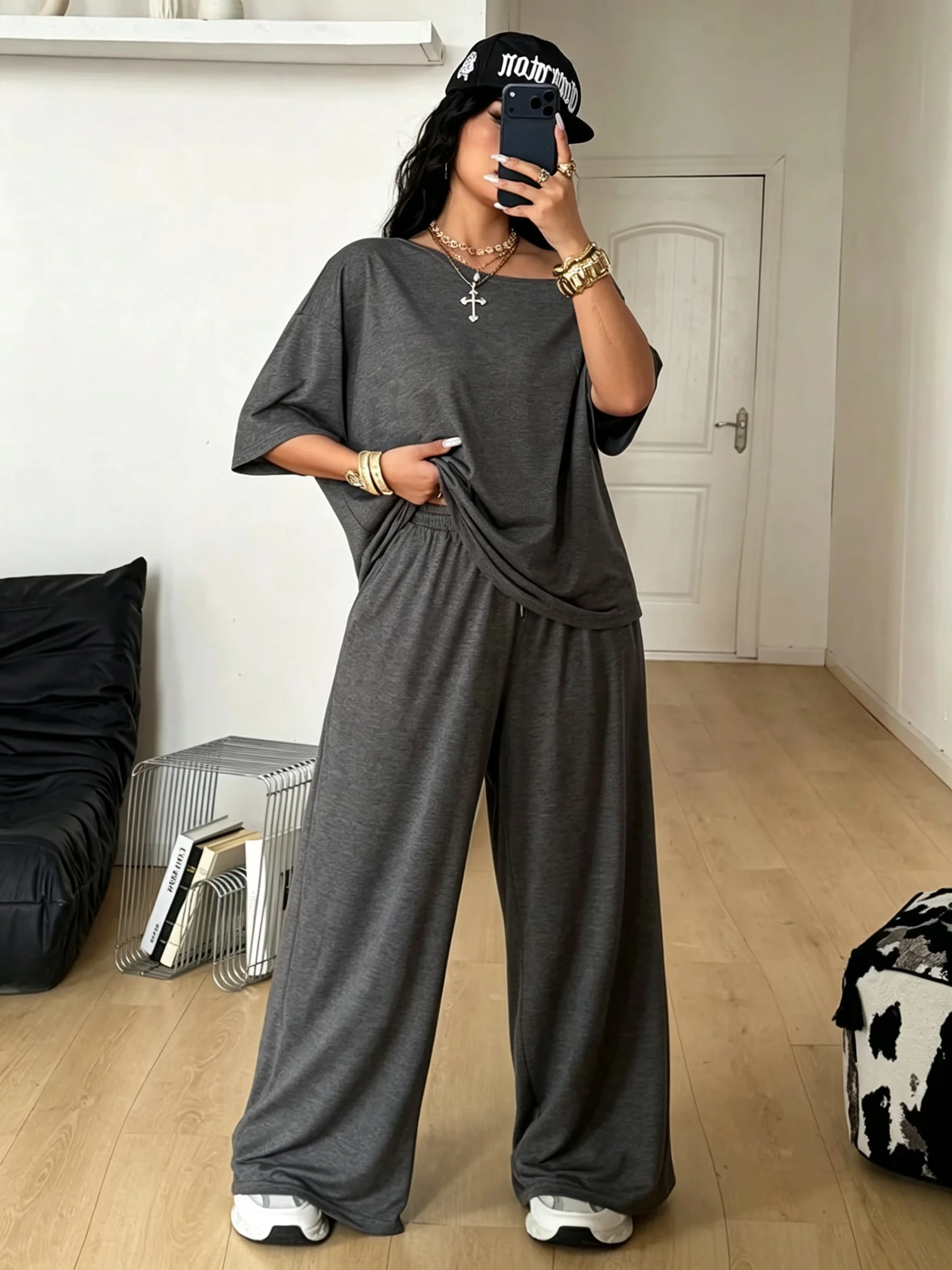 Plus Size Women's Sexy Elegant 2 Piece Outfit One Shoulder Top Wide Leg Long Pants Loose Matching Set