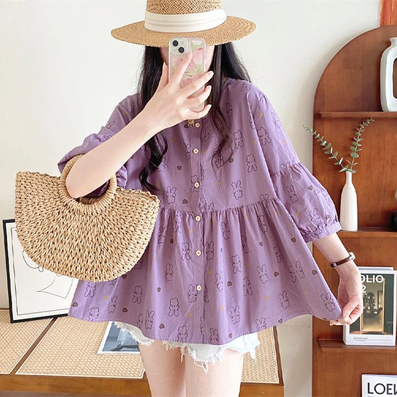 Japanese Cute Rabbit Full Printed Kawaii Shirts Loose Doll A-shape Blouse Summer Lantern Sleeve Skirt Hem Korean Girls Women Top