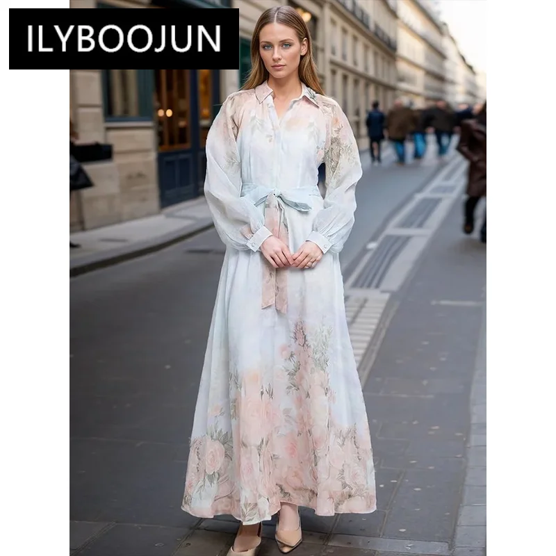 ILYBOOJUN Hit Color Printing Dresses For Women Lapel Long Sleeve High Wasit Spliced Lace Up Casual Dress Female Clothes New