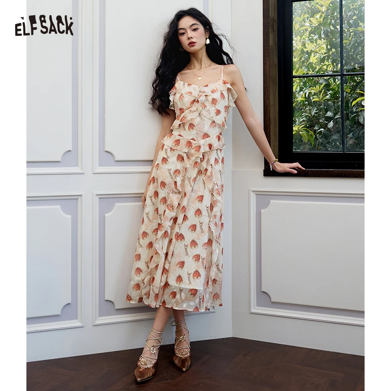 

ELFSACK Strawberry Print Gothic Maxi Dress, Layered Ruffle Hem Romantic Court Chiffon Gown