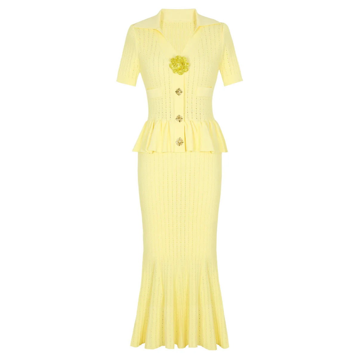 

2025 Elegant Beaded Floral Knitting Sweater Dresses for Women Summer 2025 Fashion Short Sleeve Mermaid Evening Party Dress Green