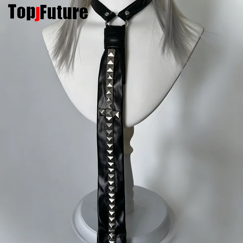 

Women Men Y2K Girl Boy Gothic Harajuku Punk Steampunk Cross Rivet Punk Tie Leather PU Gothic Collar Metal Choker Uniform Necktie