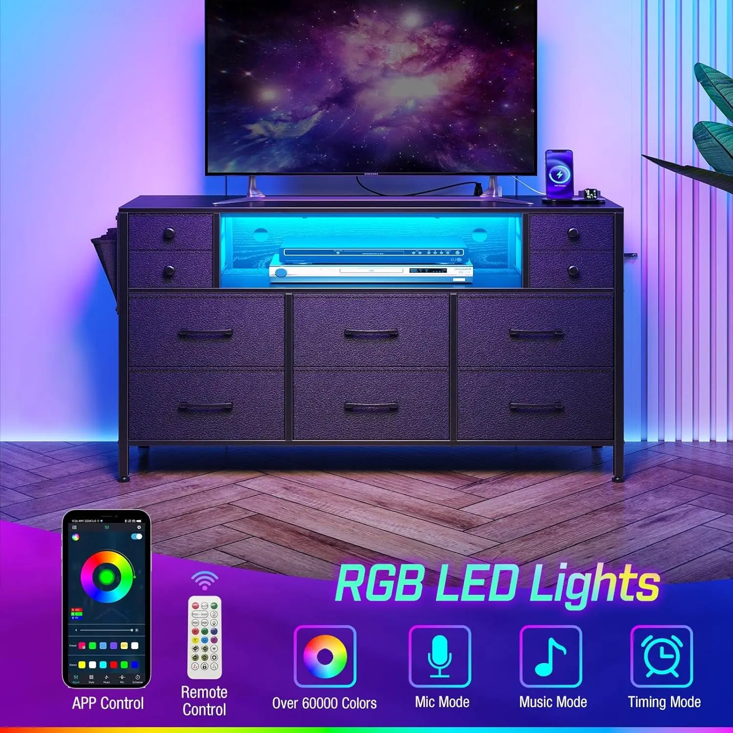 Dressoir voor slaapkamer met LED-verlichting en stopcontacten, 55 inch tv-meubel met 10 lades, stoffen ladekast met zijkant