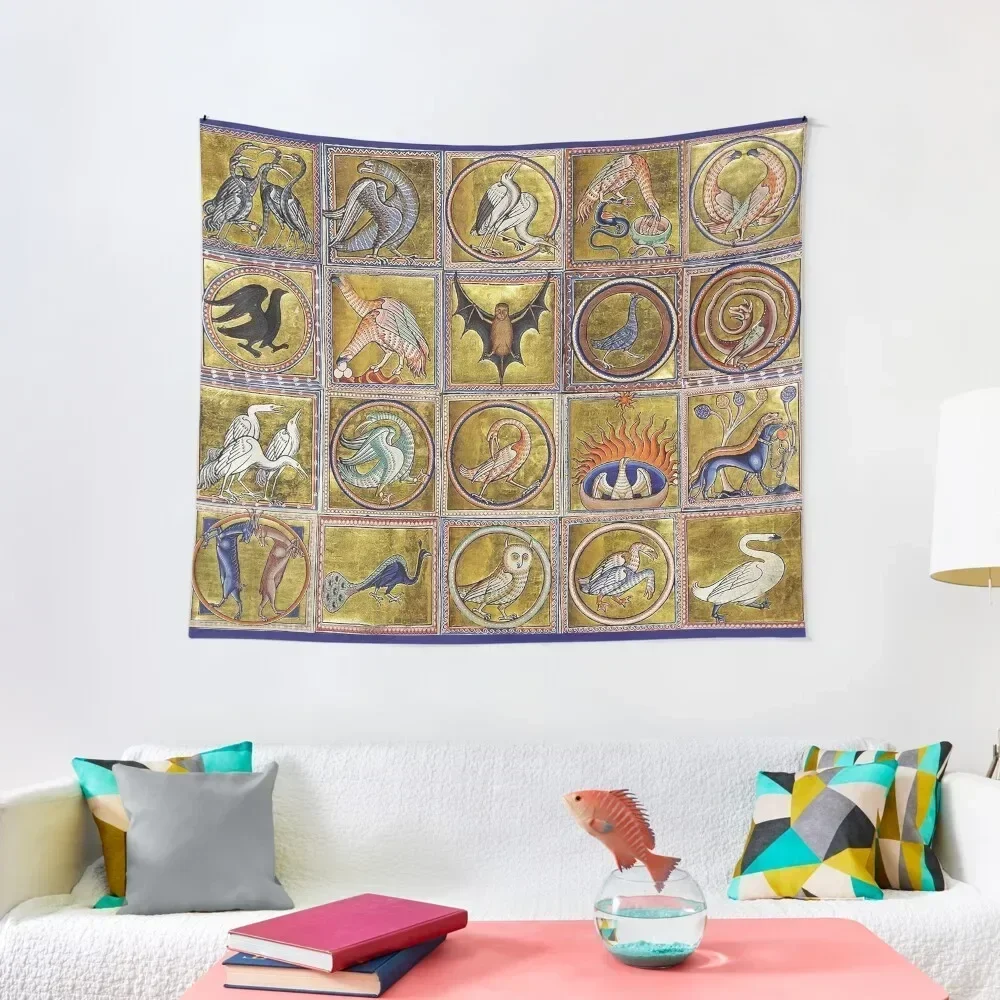 MEDIEVAL BESTIARY, FANTASTIC ANIMALS IN GOLD RED BLUE COLORS Tapestry Aesthetics For Room Wallpaper Tapestry