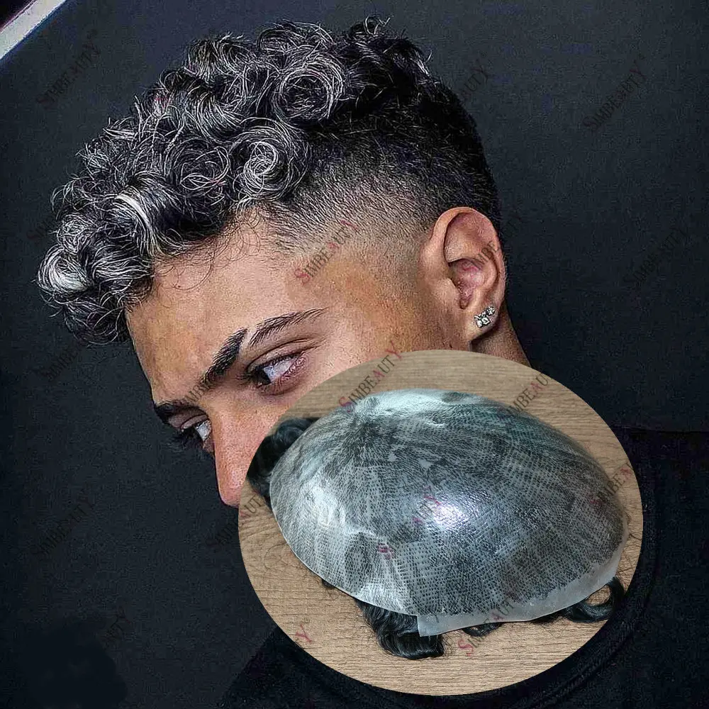 

2024 New 20mm Curly toupets Human Hair Wigs for Man Injection Full Skin Base Black Grey Men’s Toupee Capillary Prosthesis System