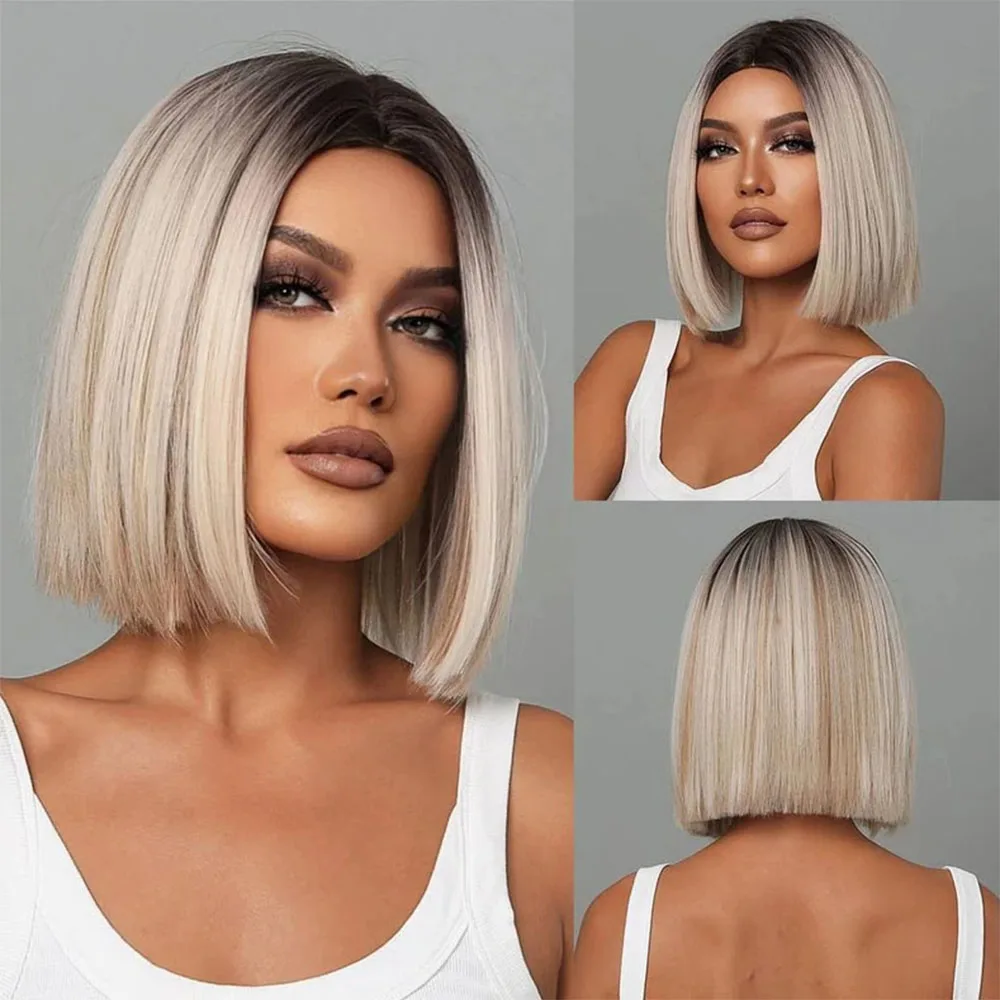 HENRY MARGU Short Bob Synthetic Wigs Ombre Black Brown White Natural Straight Wigs for Women Middle Part Daily Heat Resistant