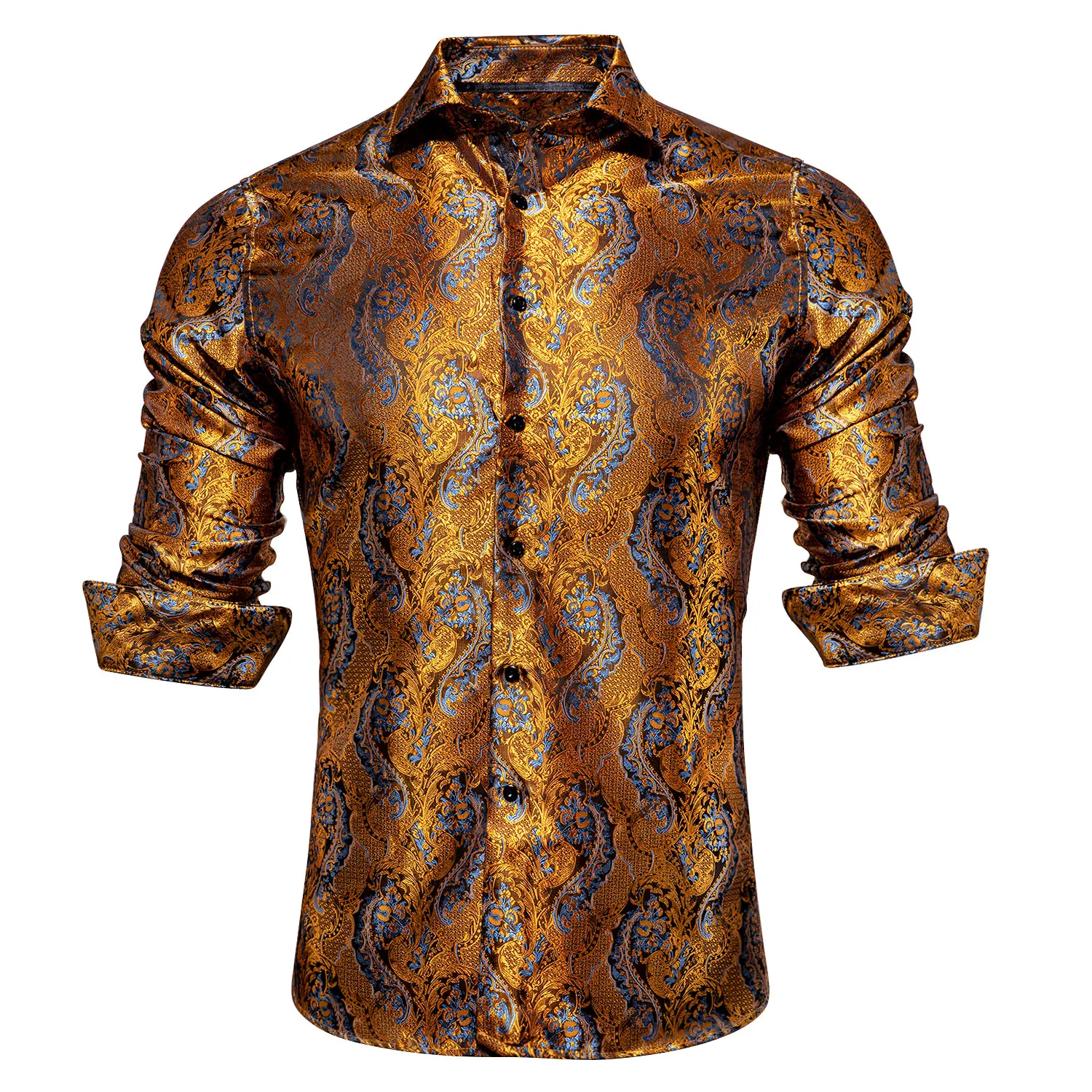 Hi-Tie Fashion Mens Silk Shirts Long Sleeve Gold Blue Paisley Jacquard Lapel Shirt Casual Formal Wedding Business Party Gifts