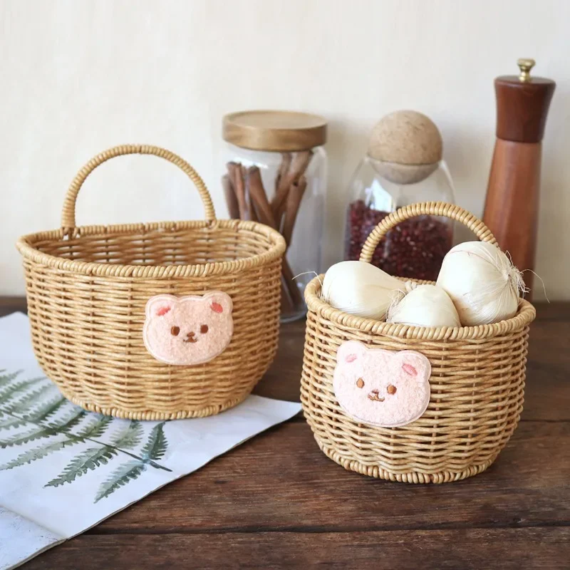 Creative Storage Basket Cartoon Bear Kitchen Plastic Vine Weaving Egg Ginger Garlic Storage Basket Wall Mounted Storage Box Hot