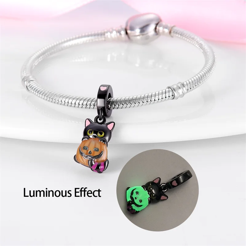 925 Sterling Silver Colorful Pumpkin Color Changing Cute Kitten Charm Pendant Fit Original Bracelet DIY Women Party Jewelry Gift