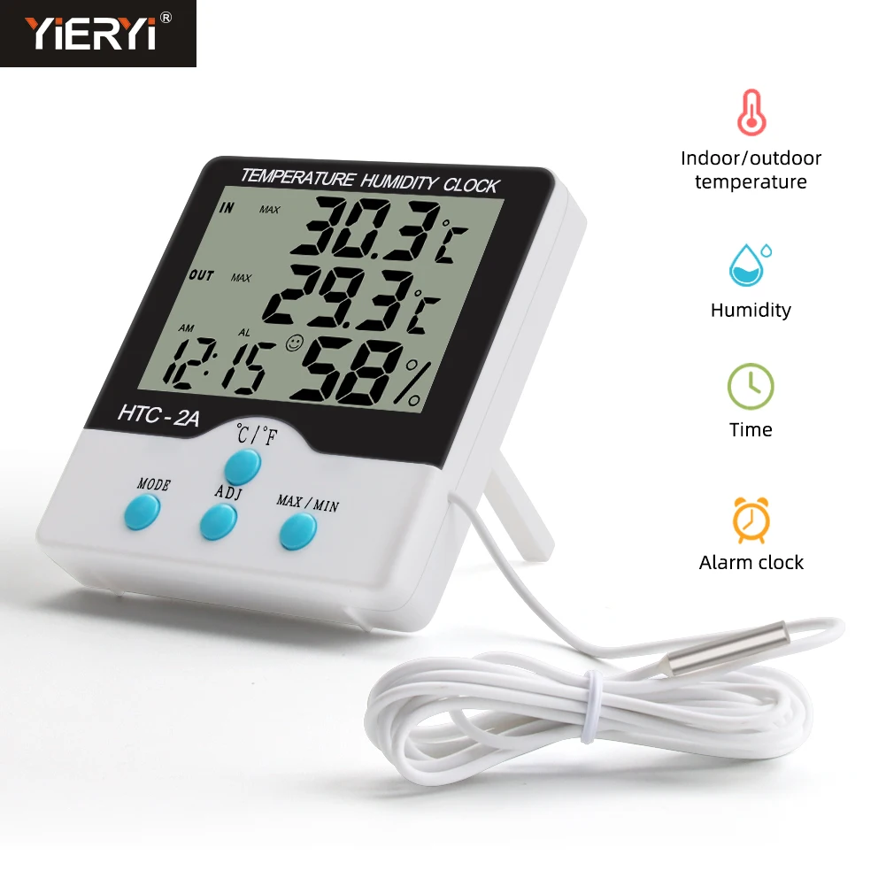 HTC-2A Digital Temperature Humidity Meter Alarm Clock Indoor Outdoor Thermometer Hygrometer Max Min Records for Greenhouse Room