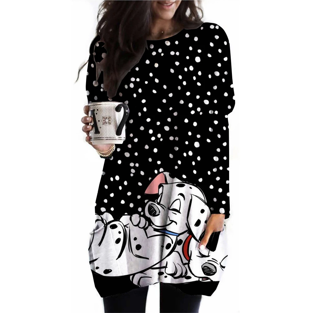 Disney 101 Dalmatian Printed Long Sleeve Women's Top Y2k Pocket T-shirt Top Sexy Round Neck Cartoon Printed Women's Long Sleeve